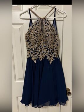 Anny Lee Navy Dress with Gold Beaded Bodice